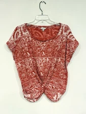 Lucky Brand Women's Shirt Size Large Slub Knit Twist Front Paisley Border Top