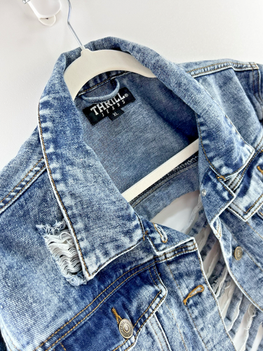 Thrill Jeans Denim Fringe Distressed Cropped Jacket Ladies Extra Large Shredded - Picture 3 of 16