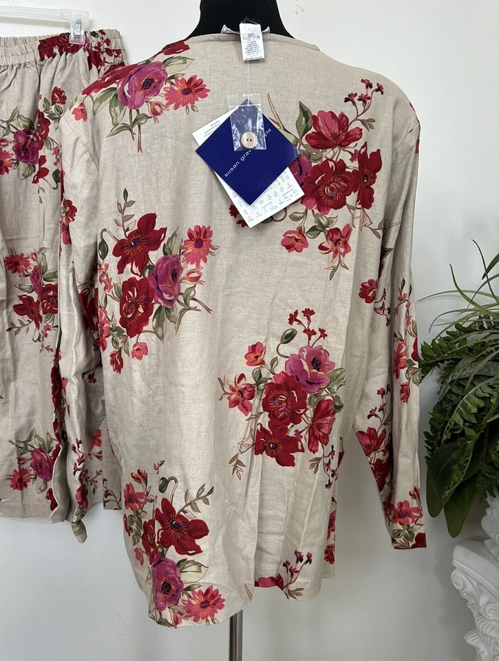 NUEVO CON ETIQUETAS Susan Graver Beige Floral Boho Lino Transpirable Camisa Chaqueta Falda Conjunto Talla 2X Foto 4 de 4