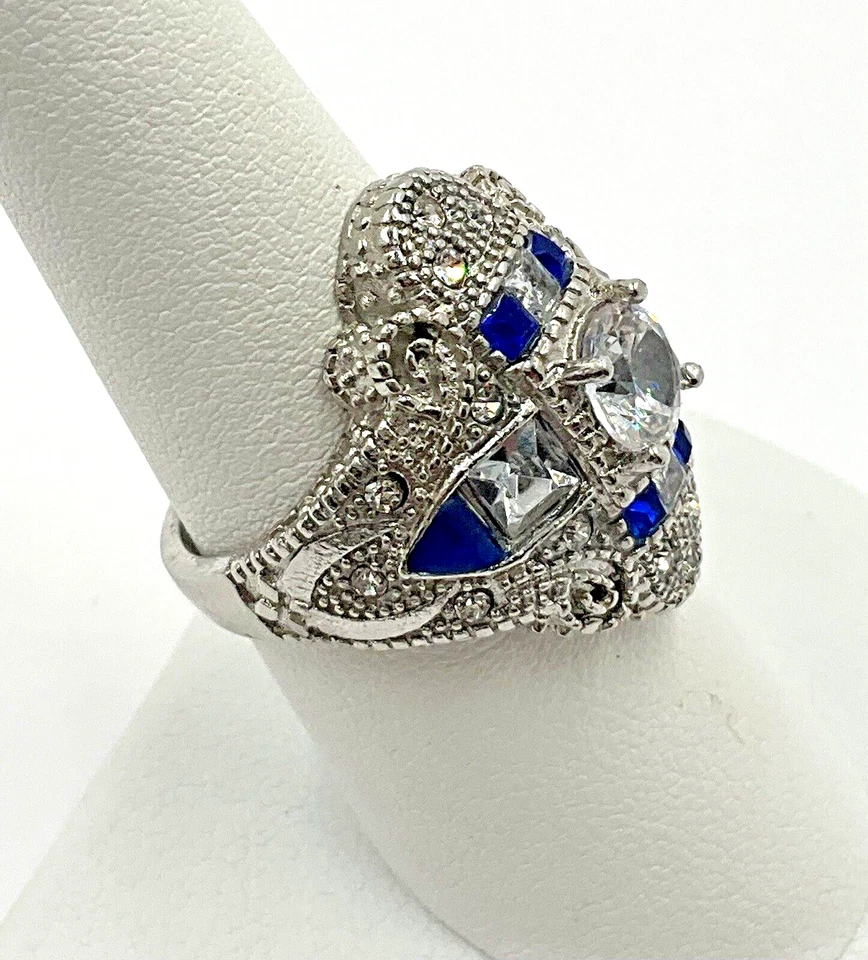 Anillo de filigrana decorativo de circonita cúbica azul y blanca de plata de ley talla 7,75 Foto 2 de 4