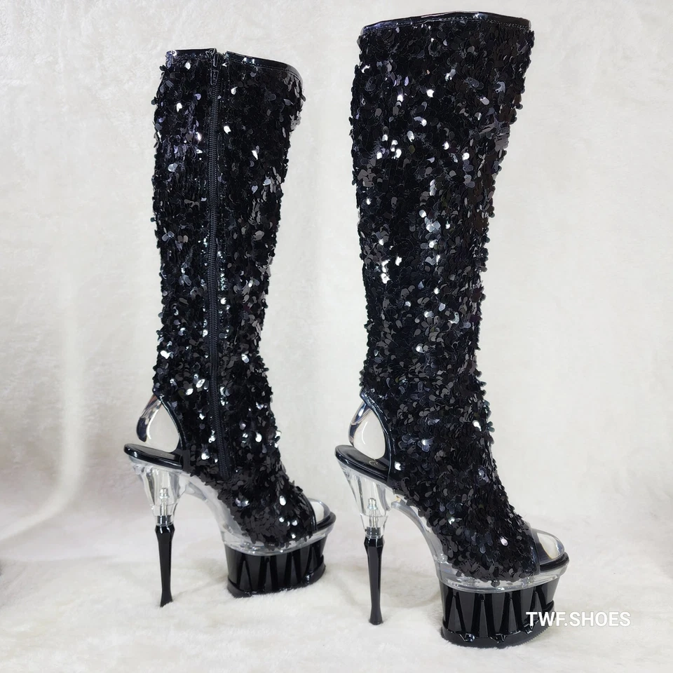 Pleaser Spiky Black Sequin Knee Boots Spiked Design Platform - Image 4 of 4
