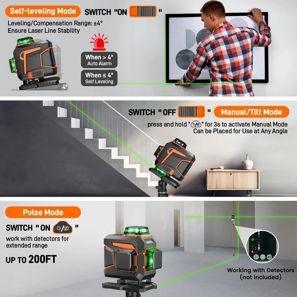 Laser Level 360 Self Leveling Green Light Laser Level Tool Wall Mount Base Br...