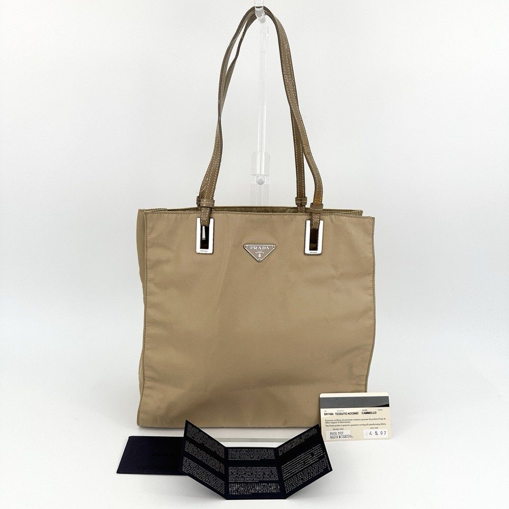 PRADA Nylon Tote Bag Beige Leather Shoulder Triangle Authentic