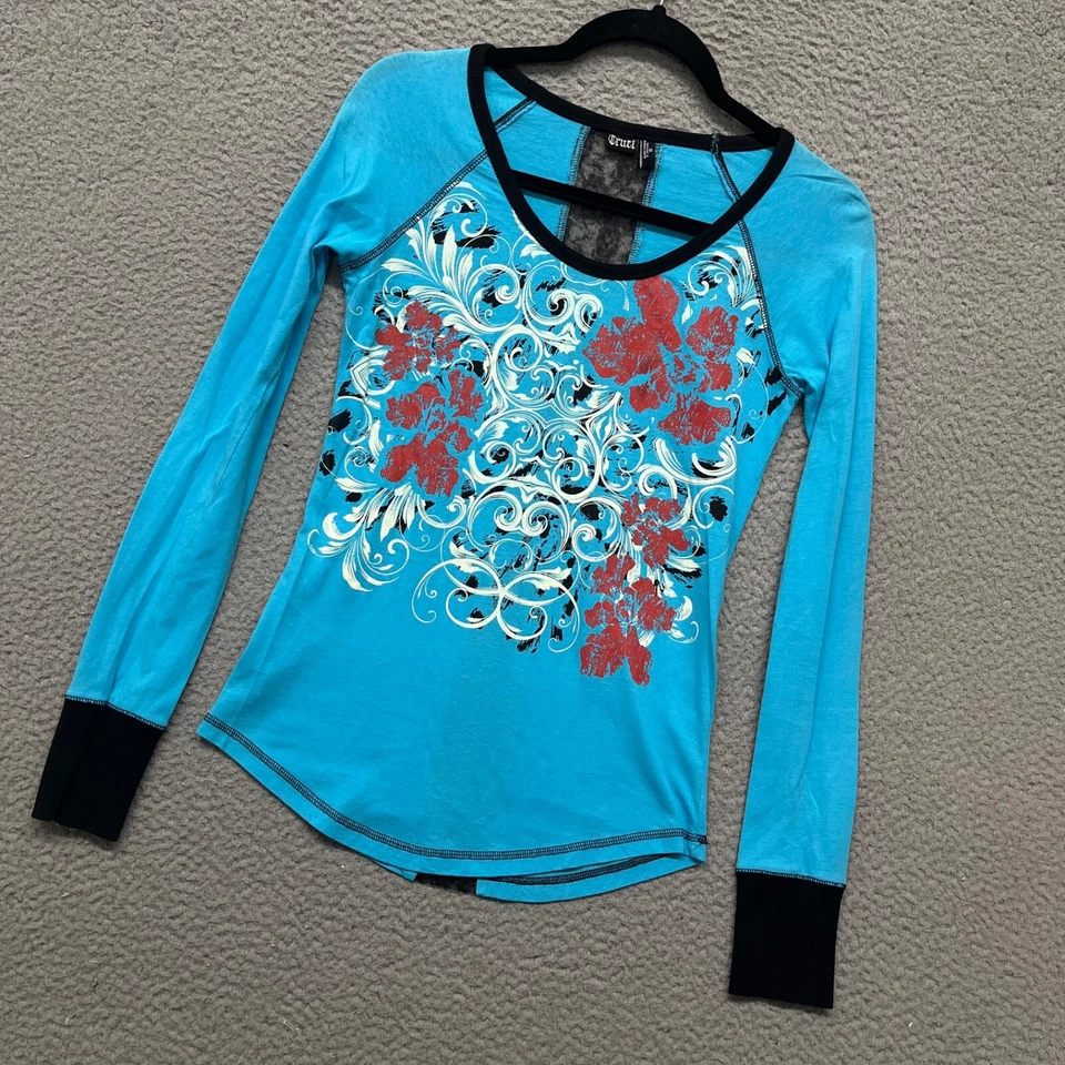 Camisa Cruel Girl Y2K Mujer S Azul Paisley Floral Encaje Transparente Tatuaje Patinadora Foto 2 de 4