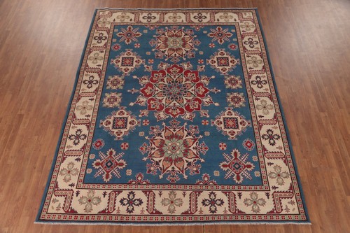 Blue/ Ivory Vegetable Dye Super Kazak Handmade Geometric Living Room Rug 8'x11' - Picture 17 of 22