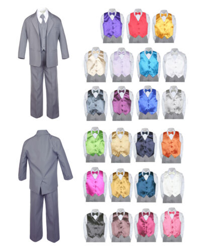 7pc Baby Toddler Boy Formal Party Medium Gray Suit w/Satin Vest & Bow Tie S-18 - Afbeelding 1 van 25
