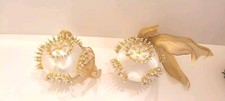 Vintage Hand Beaded Push Pin Christmas Ornaments Lot Of 2 Satin Gold White