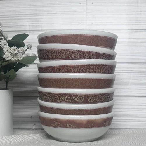 Rare Pyrex Tableware By Corning Bronze Scroll 5 Inch Bowls Set Of 7  #708