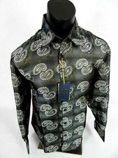 Mens Manzini Button Dress Shirt Bronze Black Paisley Patterns French Cuff Links