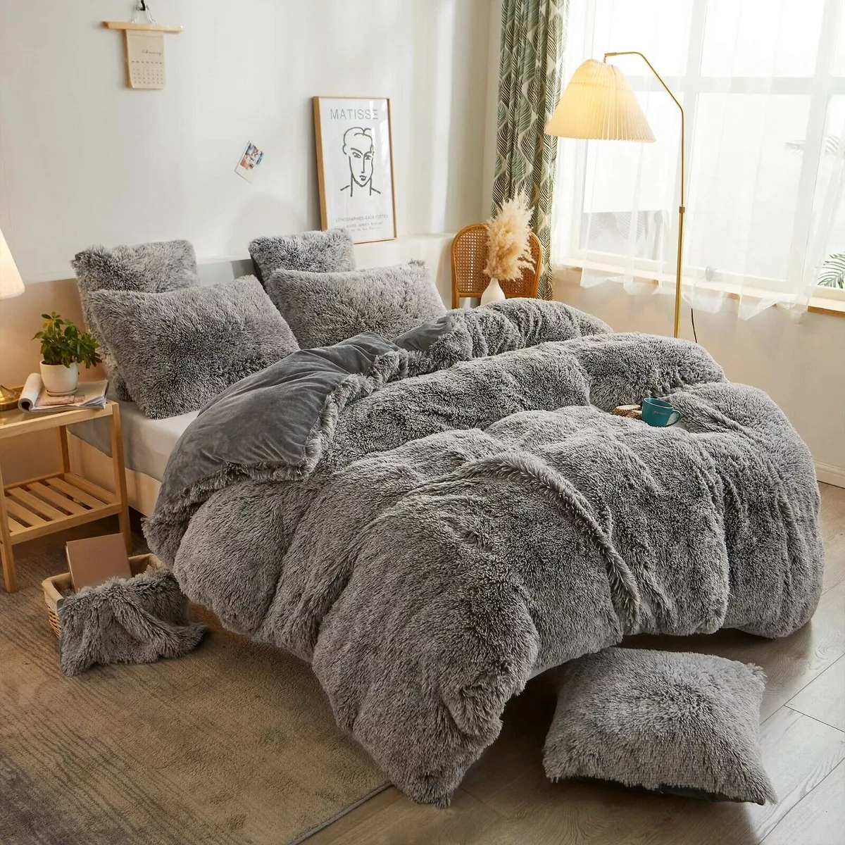 NEW! ~ ULTRA SOFT COZY & FLUFFY PLUSH LUXURY GREY CHIC SHAGGY FUR COMFORTER  SET