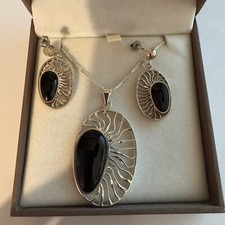 Statement Large Sterling Silver 925 Black Onyx Necklace Earrings Set - Boxed