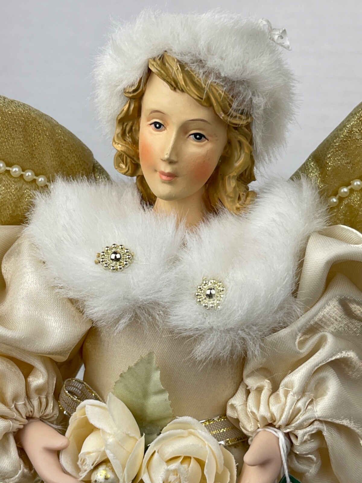 Angel Christmas Tree Topper Porcelain Face White Gold Dress 16” eBay