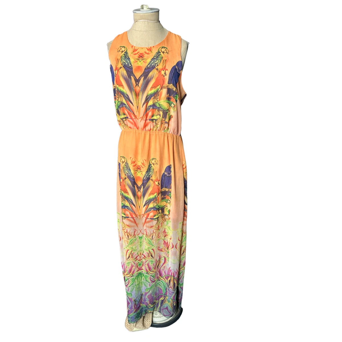WII8 by Walter Baker Orange Tropical Bird Print Maxi Dress Size Medium