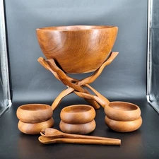 Extra Lg Wooden Salad Bowl w/ Stand & 6 Serving Bowls w/ 2 Serving Utensils