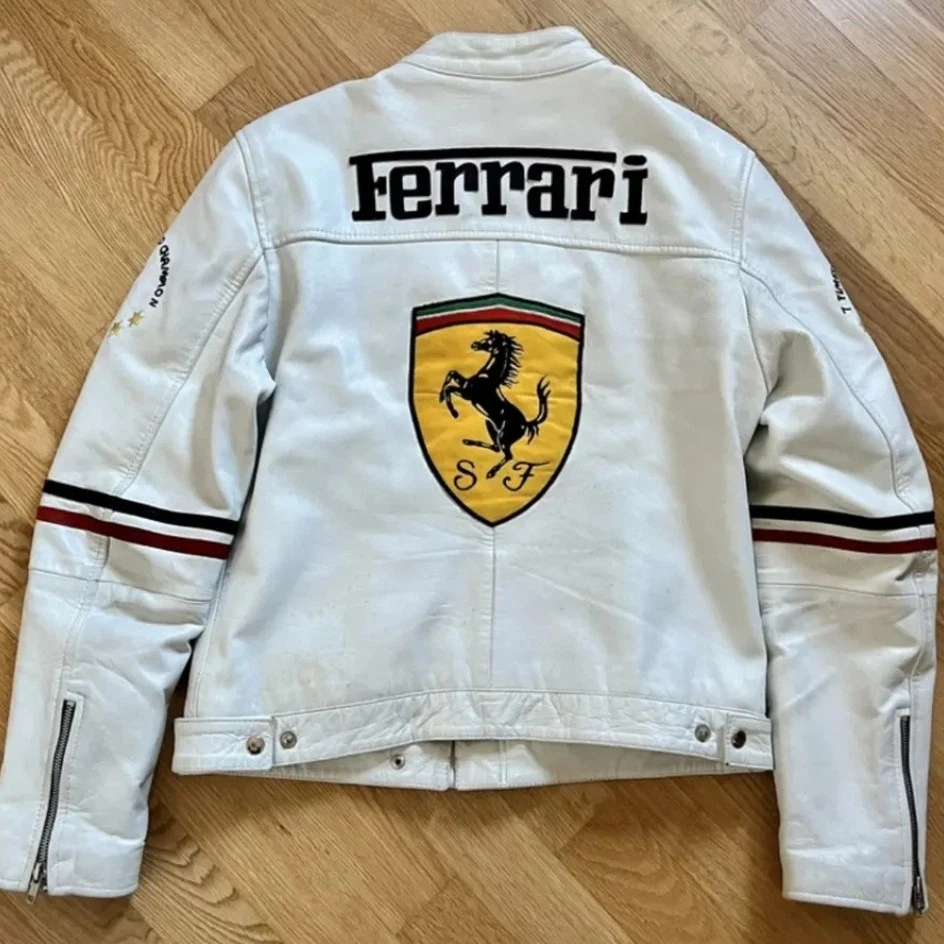 男式法拉利赛车皮革夹克迈克尔舒马赫版,白色赛车运动 — 第 3/4 张图片