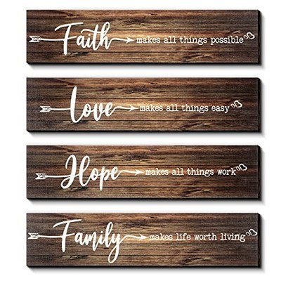  4 Pcs Rustic Door Decor Faith Love Hope Family Wood Sign Makes All Brown