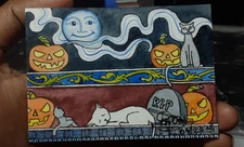 ACEO Cats with Halloween Pumpkin Traditional Watercolor Painting Signed SSJ