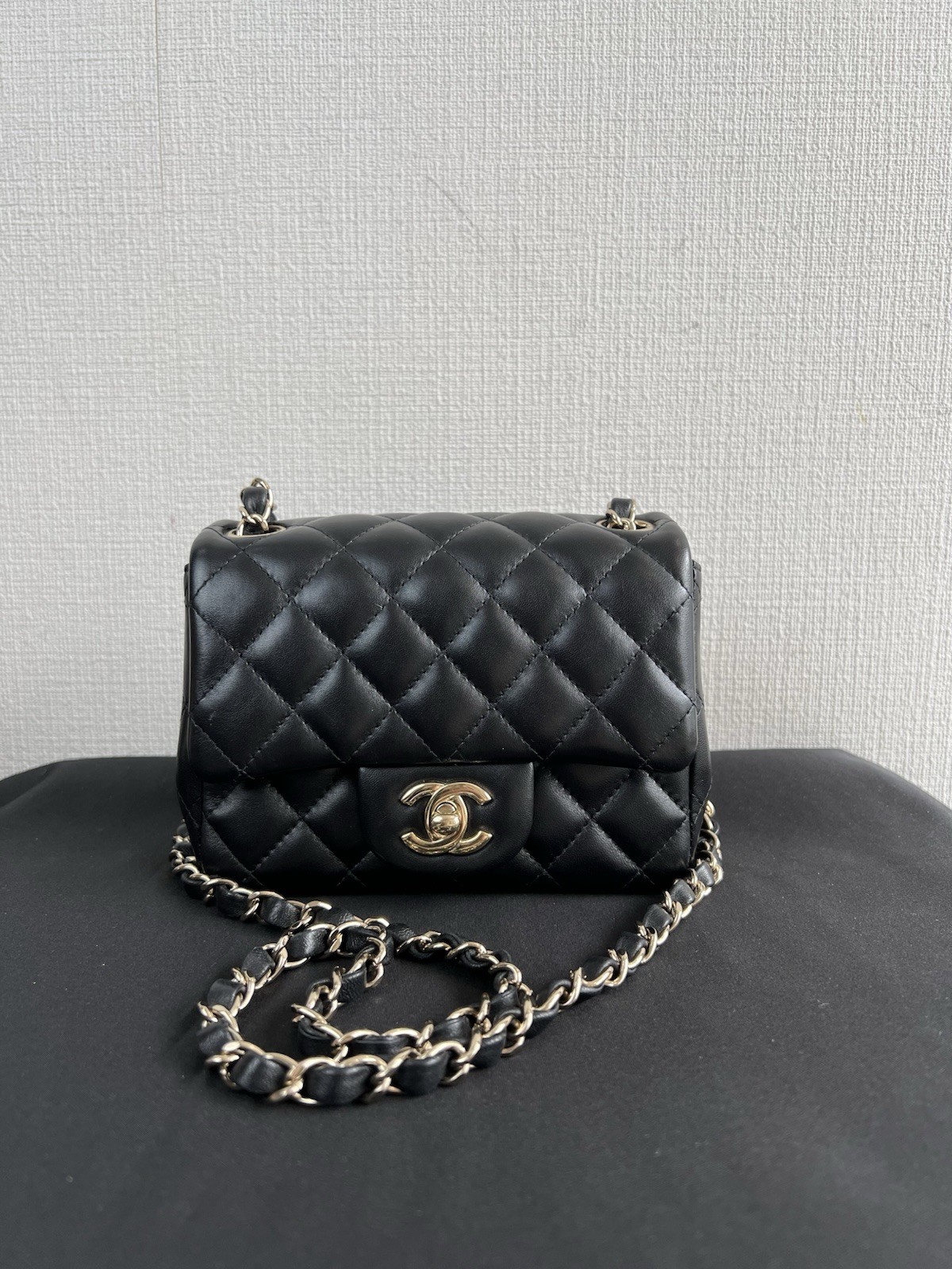 Auth Chanel Lambskin Mini Square Classic Flap Bag Black GHW Rank A+ 16cm
