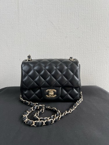 Auth Chanel Lambskin Mini Square Classic Flap Bag Black GHW Rank A+ 16cm