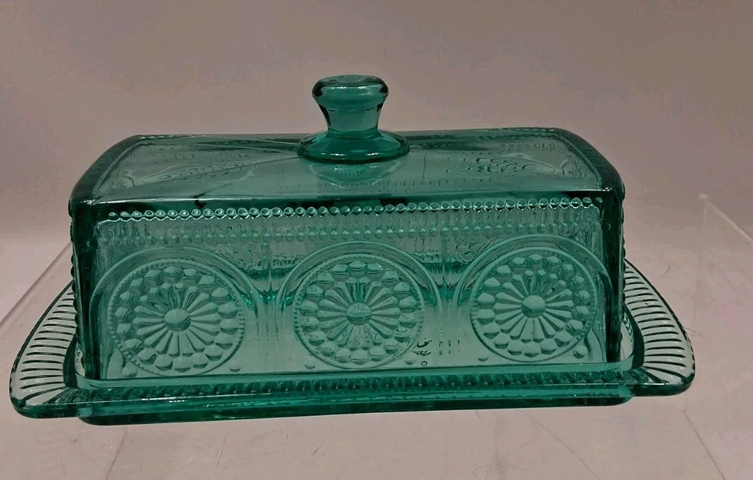 Pioneer Woman Teal Embossed Glass Covered Butter Dish W/ Lid In Great Condition