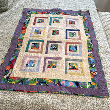 VTG Colorful Jungle Baby Quilt 48" x 38" 12 Animals Purple Green Ivory
