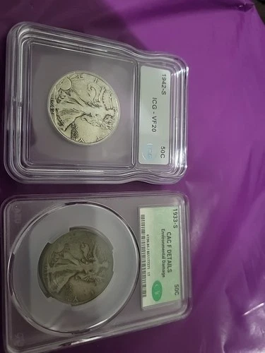 2x Silver Walking Liberty Halfs ( 1933-S CAC F Details & 1942-S ICG VF20)