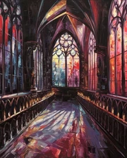 Gothic Cathedral Interior | Stained Glass & Candlelit Aisle Fine Art Museum Art