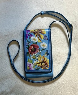 Brighton BLOSSOM HILL Sky Blue Floral Leather Crossbody Phone Organizer