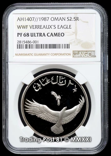 1987 OMAN - WWF Series Verreaux's Eagle - 2½ Rials Silver Coin - NGC Proof 68 UC