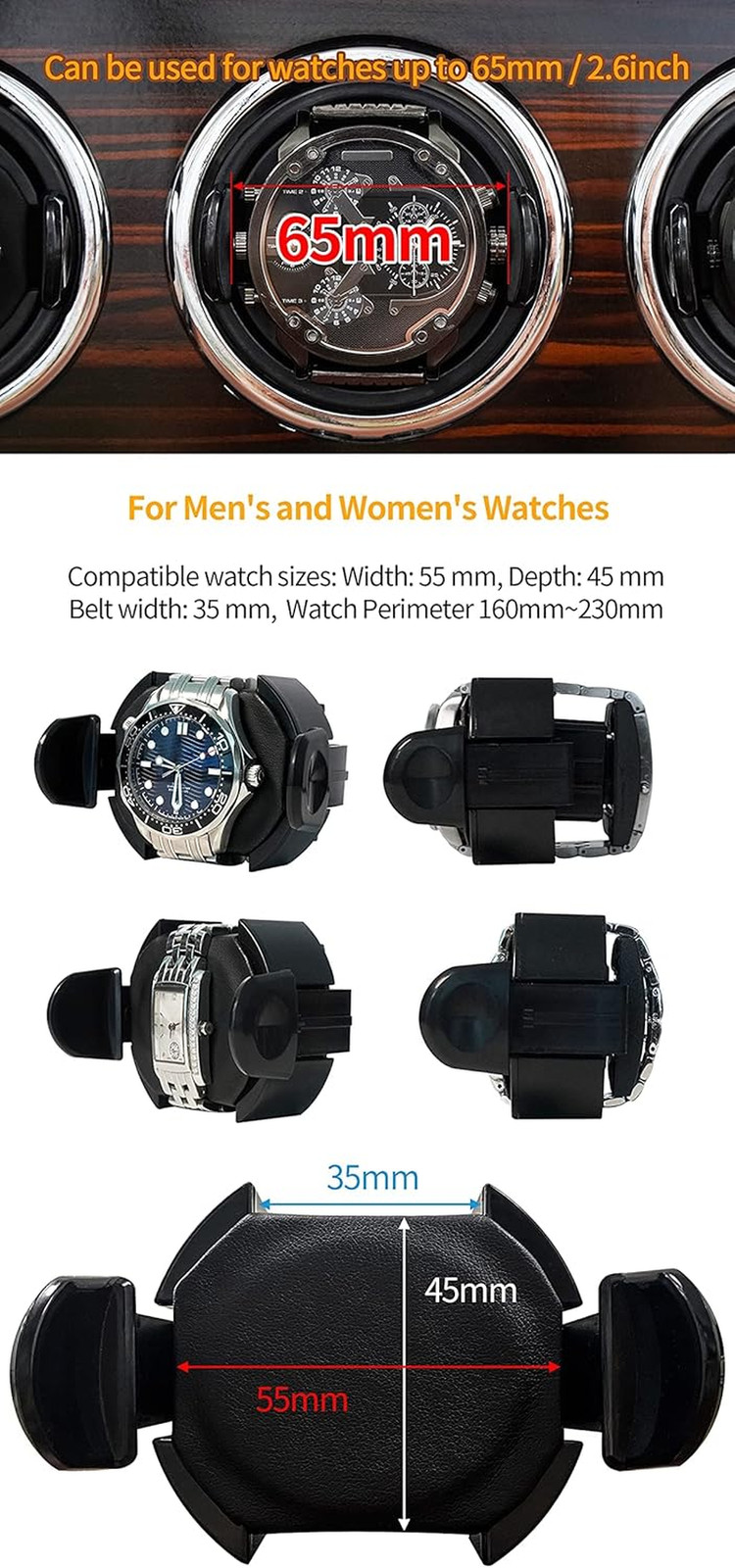 6 Watch Winders for Automatic Watches Wooden Rotating Watch Box 15 Rotation Mode