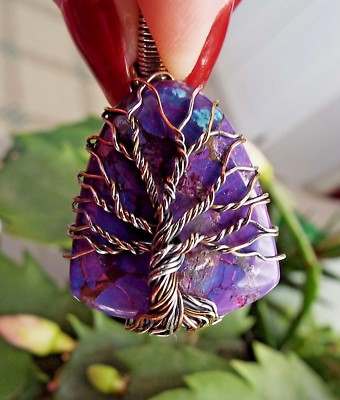 * PURPLE COPPER TURQUOISE WIRE-WRAPPED TREE OF LIFE PENDANT * .925 Ster. Silver