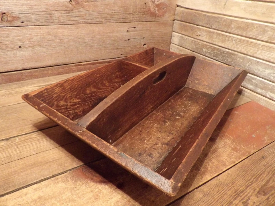 Vintage Antique Primitive Cutlery Tray Carry Tote Softwood - Carrier Decor! - Image 3 of 4