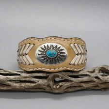 NAVAJO-BROWN LEATHER, STERLING & TURQUOISE CUFF BRACELET by FRANK ARMSTRONG
