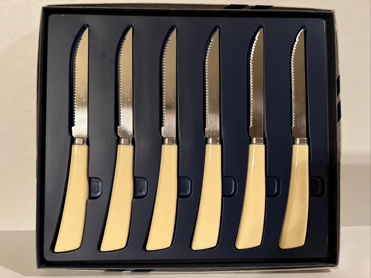 Vintage Quikut Steak Knife Set of 6 Stainless USA Boxed Ivory Cream Handles MCM