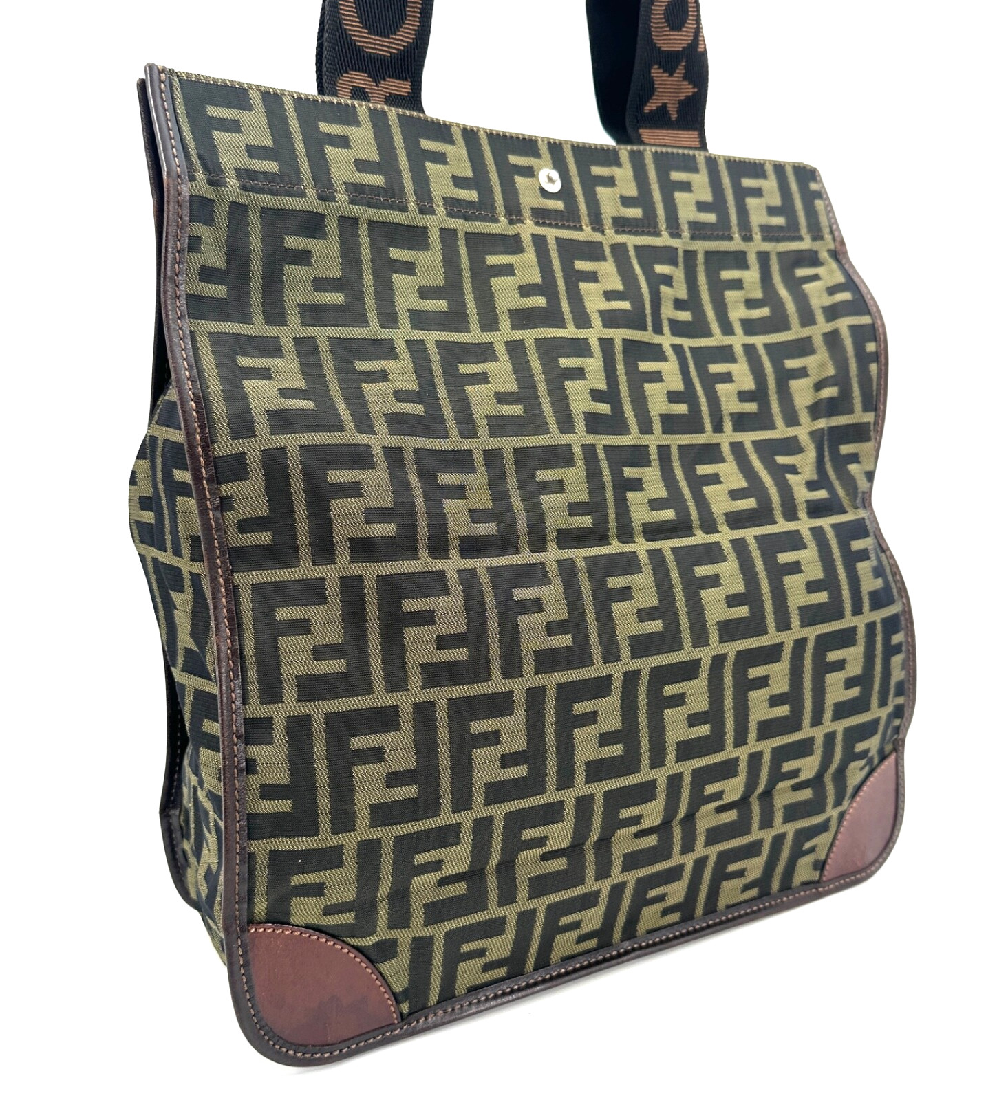 FENDI Tote Bag Zucca Nylon Leather Khaki Hand Purse Authentic thumbnail 3