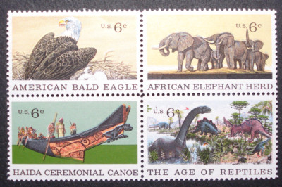 USA: 4 stamps, Viererblock ,6 C., AMERICAN BALD EAGLE/ ELEPHANT/ DINOSAURIER, **