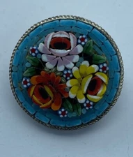 Vintage Italian Brooch Colorful Micro Mosaic Glass Floral Pin Signed Italy RM