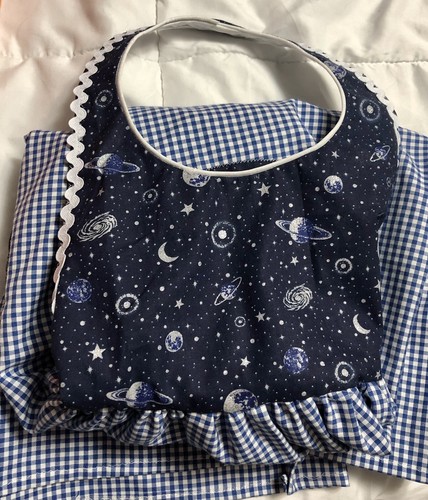 Vintage Style Farmhouse Ruffle Girl’s Apron Blue Gingham & Celestial Print New - Picture 2 of 12