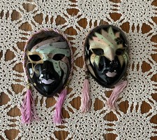Set of 2 Vintage 80s Ceramic Mardi Gras Face Mask Harlequin Glitter Painted