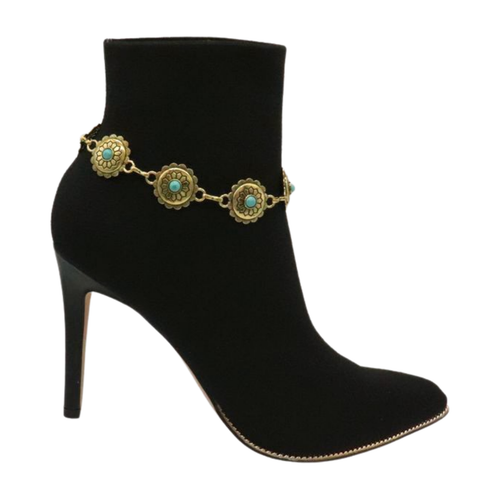 Women Gold Metal Chain Boot Bracelet PAIR Turquoise Blue Flower Charm HANDMADE - Picture 2 of 24