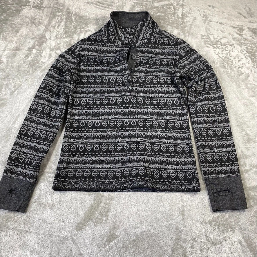 Pulôver feminino KAVU manga longa M listra cinza pescoço simulado 1/4 botão furos de pulso - Imagem 2 de 4