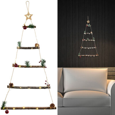 infactory Deko-Holzleiter mit 30 LEDs, Weihnachtsbaum-Form zum Aufhängen, 60 cm