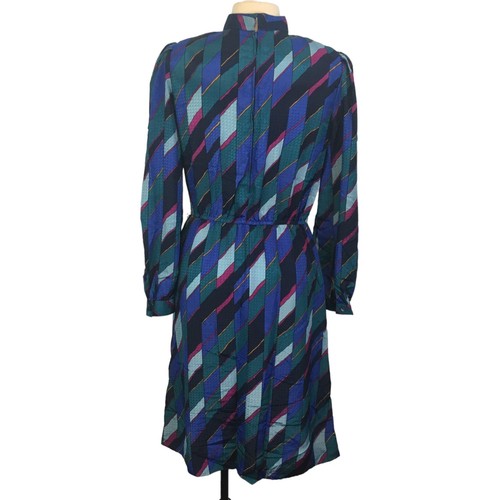 Leslie Fay Vintage 70s Blues Geometric A-Line Mock Neck Dress, Diamond Ruffle 12 - Picture 6 of 10