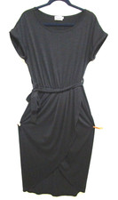 Vidarton Black Cotton Blend Knit Round Neck Belted Waist Midi Wrap Dress Sz L