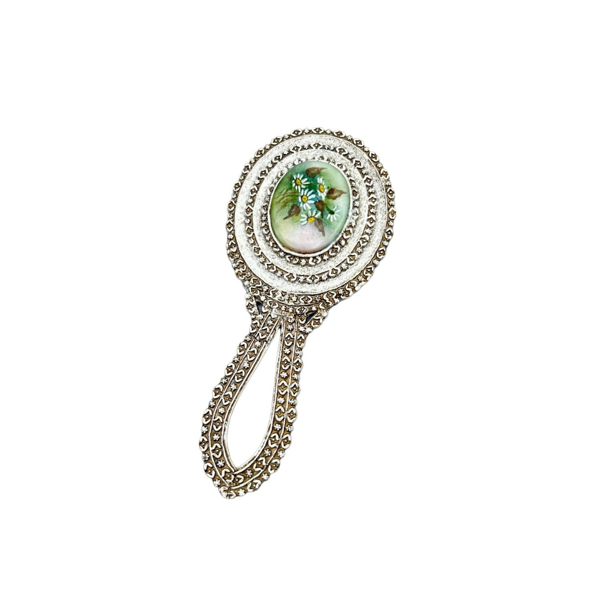 【絶版希少・ヴィンテージ】Florenza（フロレンザ）ミニハンドミラー 手鏡 Vintage Florenza Small Hand Mirror with Flowers Daisy Cabochon Off