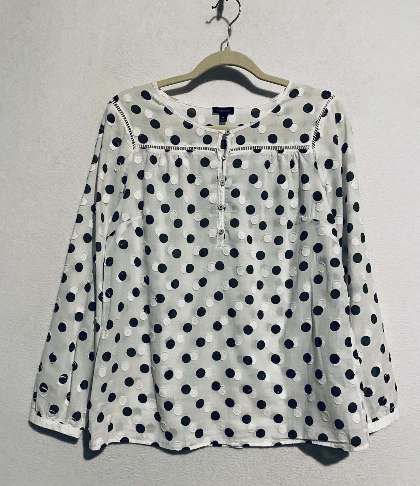 Talbots Top Womens Medium White Olive Green Polka Dot Popover Crochet