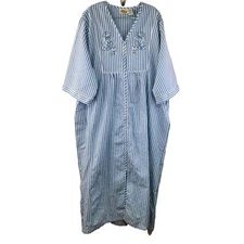 Collections Etc Women's House Dress XXL Blue White Striped Embroidery Butterfly