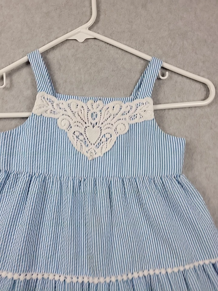 Peaches'n Cream Blue Seersucker Striped Crochet Tiered Tank Dress Girls 3T? - Image 3 of 4