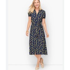 Talbots Plus Size 16w Navy Lemon Print Short Sleeve Midi Shirt Dress Belted