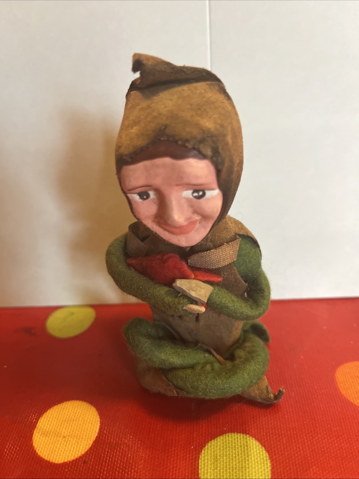 Vintage 4 1/2” Felt Wired Gnome Elf Dwarf Figure Ornament Composite Head 1950’s